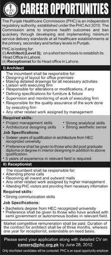 Architect and Receptionist Job at Punjab Healthcare Commission (PHC) (Govt. job)