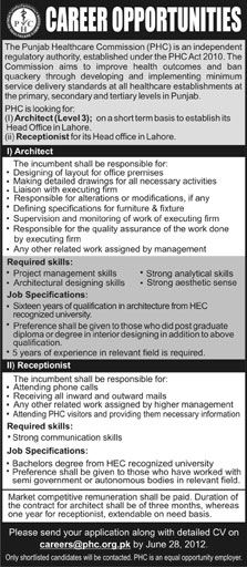 Architect and Receptionist Job at Punjab Healthcare Commission (PHC) (Govt. job)