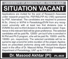 Research Associates Required by University of Agriculture Faisalabad