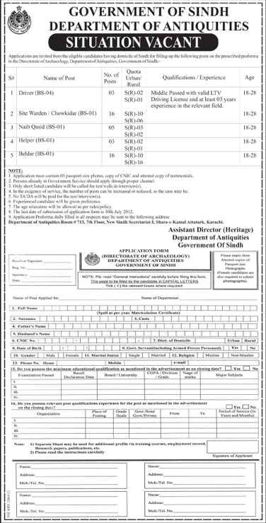 Department of Antiquities Requires Low Staff (Government of Sindh)