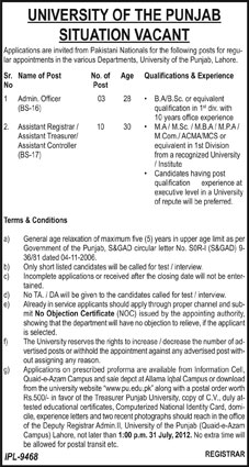 University of The Punjab Requires Admin Staff