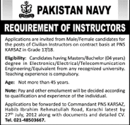 PNS Karsaz Requires Civilian Instructors (Pakistan Navy Jobs) (Govt. jobs)