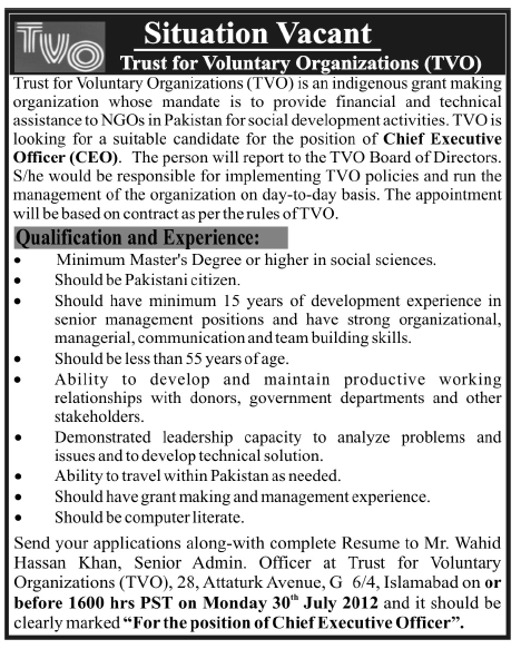 Trust for Voluntary Organizations (TVO) Requires Chief Executive Officer (CEO)