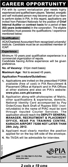 PIA Pakistan International Airlines Requires Chief Internal Auditor (Government Job)