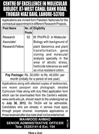 Research Associates Required by Centre of Excellence in Molecular Biology