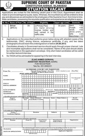 Drivers Required at Supreme Court of Pakistan (Government Job)