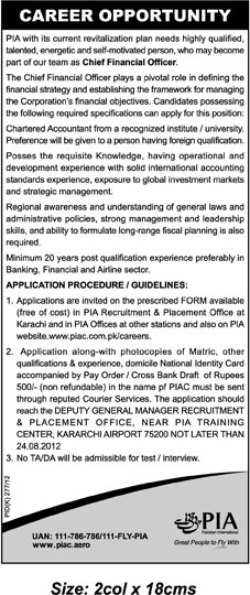 PIA Pakistan International Airlines Requires Chief Financial Officer (Government Job)