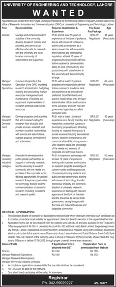 UET University of Engineering and Technology Lahore Requires Management Staff (Government Job)