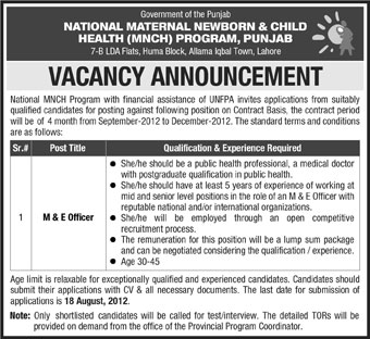 M & E Officer Required Under National MNCH Program (UN Job)