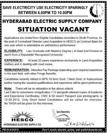 HESCO Hyderabad Electric Supply Company Requires Consultant/ Director Land Acquisition (Government Job)