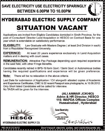 HESCO Hyderabad Electric Supply Company Requires Consultant/ Director Land Acquisition (Government Job)