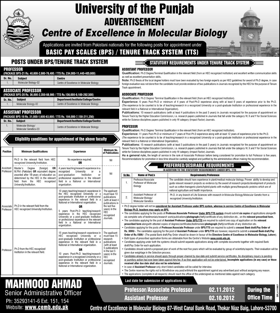 University of the Punjab Requires Teaching Faculty (Government Jobs)