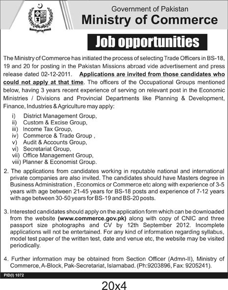 Ministry of Commerce Government of Pakistan Jobs (Government Job)