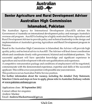 Australian AID Requires Senior Agriculture and Rural Development Adviser at Australian High Commission