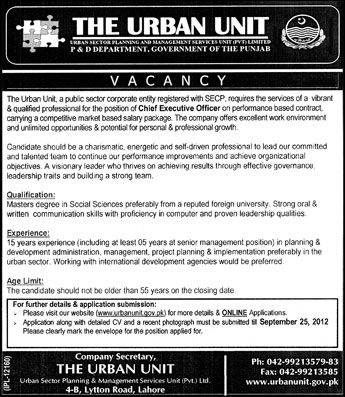 P&D Department Government of Punjab Requires Chief Executive Office for The Urban Unit (Government Job)