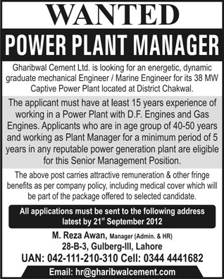 Power Plant Manager Required by Gharibwal Cement Company