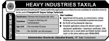 HIT Heavy Industries Taxila Degree College Requires Principal