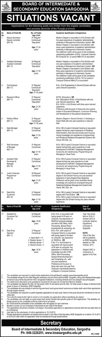 BISE Board of Intermediate and Secondary Education Sahiwal Requires IT Staff (Government Job)