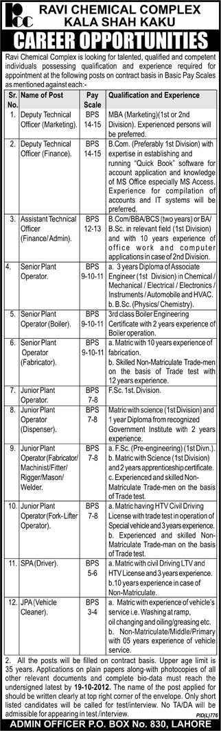 Ravi Chemical Complex Requires Technical Staff (Government Job)