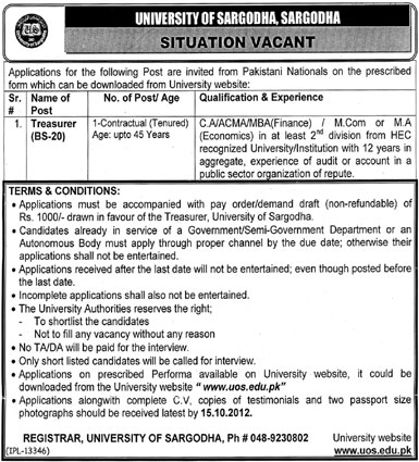 University of Sargodha Requires Treasurer (Government Job)