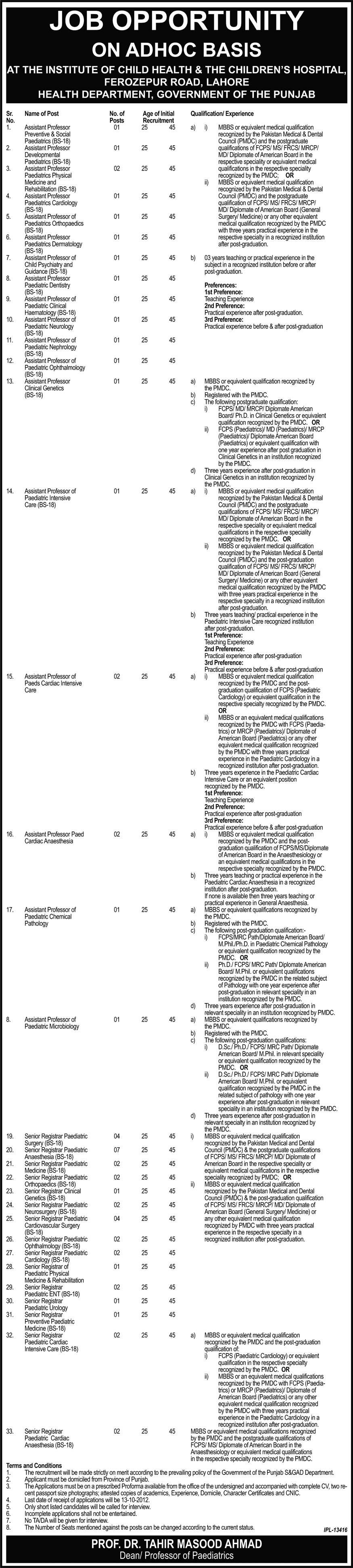 Medical Teaching and Non-Teaching Faculty Requried at The Institute of Child Health & The Children's Hospital (Government Job)