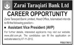 Assistant Vice President Required in Zarai Taraqiati Bank Ltd