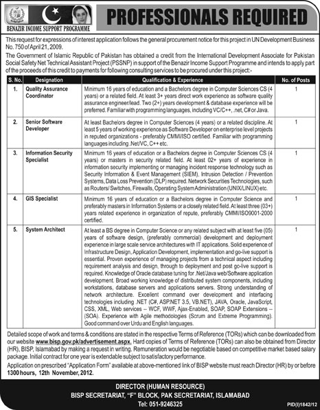 Professional Required in Banazir Income Support Programme