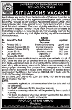 UET Taxila Requires Faculty