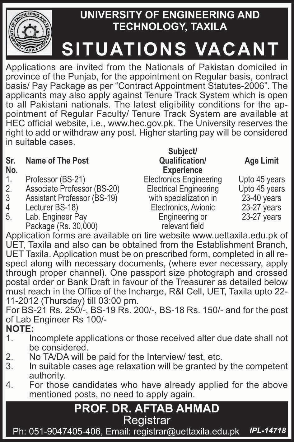 UET Taxila Faculty Jobs 2012