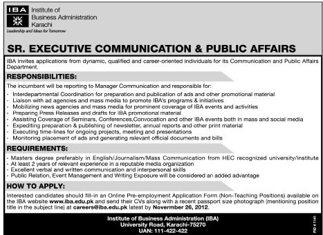 IBA Karachi Job for Sr. Executive Communication & Public Affairs