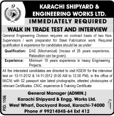 Karachi Shipyard & Engineering Works (KSEW) Requires Steel Fabrication Supervisors