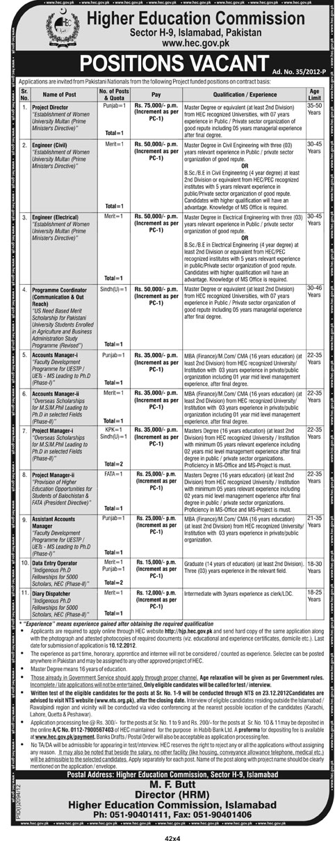 HEC Vacancies November 2012