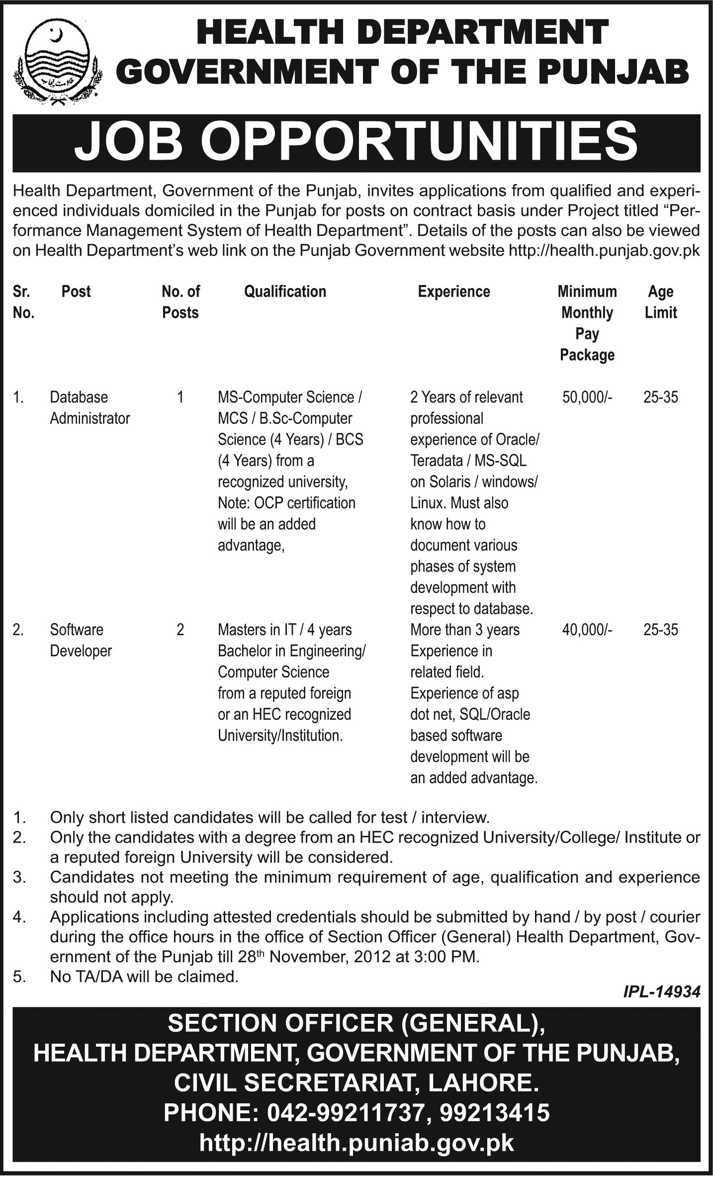 IT Jobs in Punjab Health Department 2012