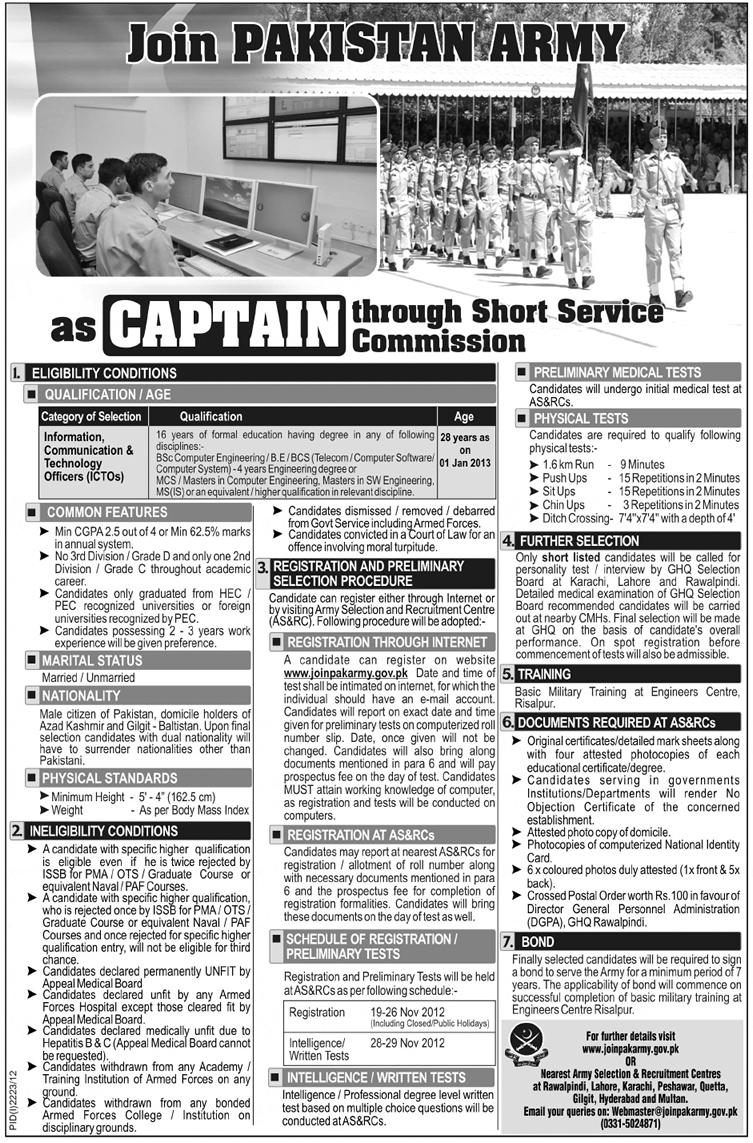 ICTO Pakistan Army Captain Through Short Service Commission