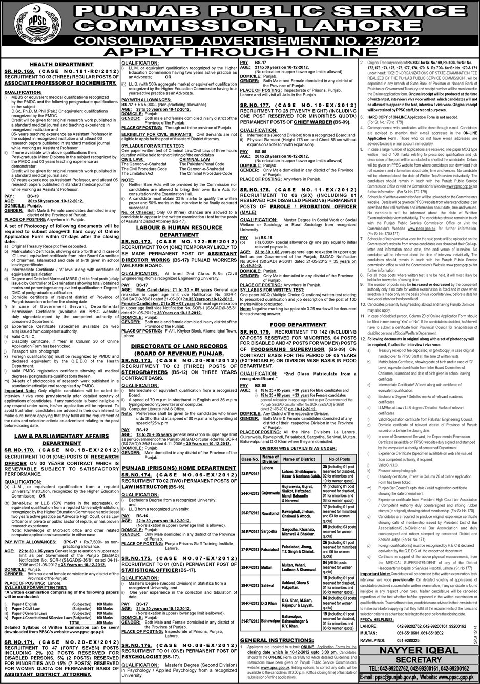 Jobs in Punjab Public Service Commission Nov 2012