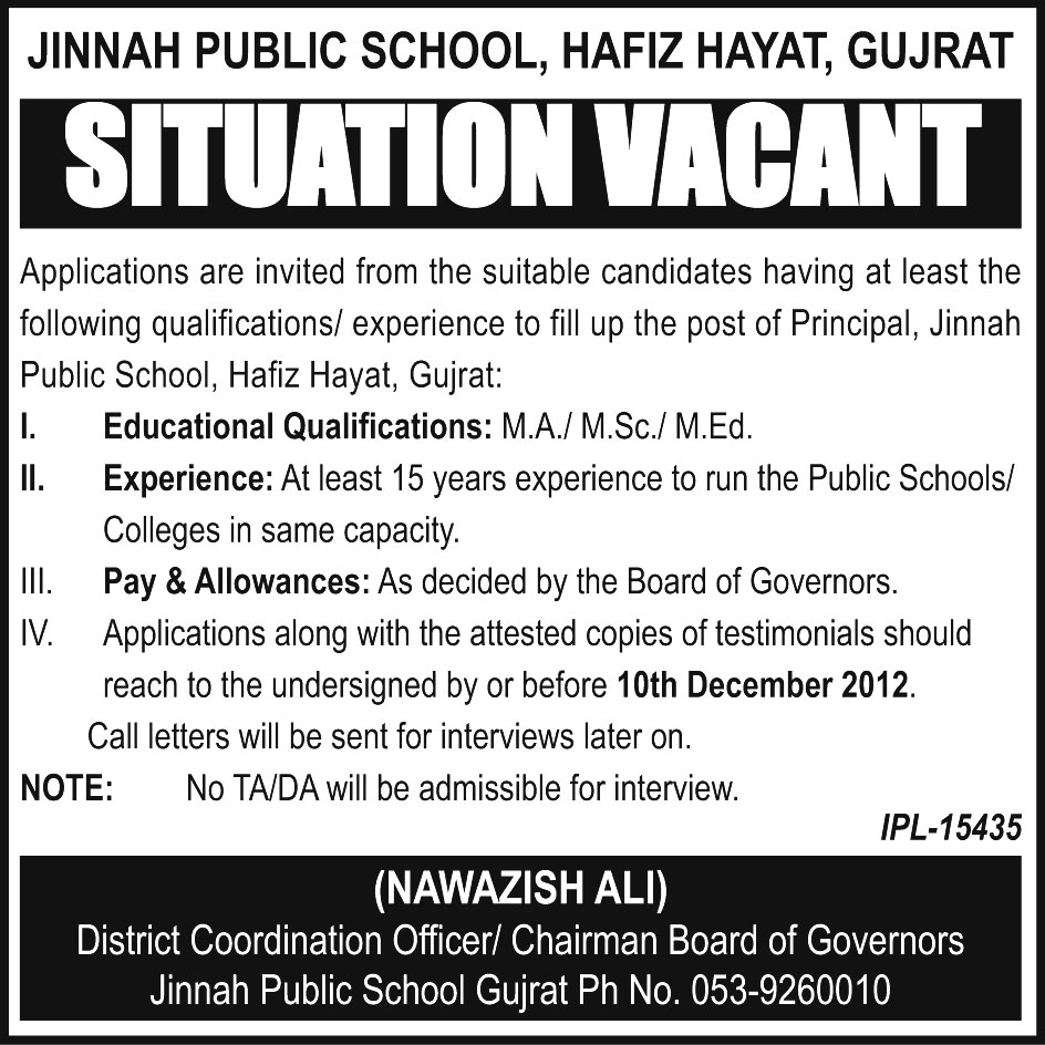 Principal is Required for Jinnah Public School Gujrat