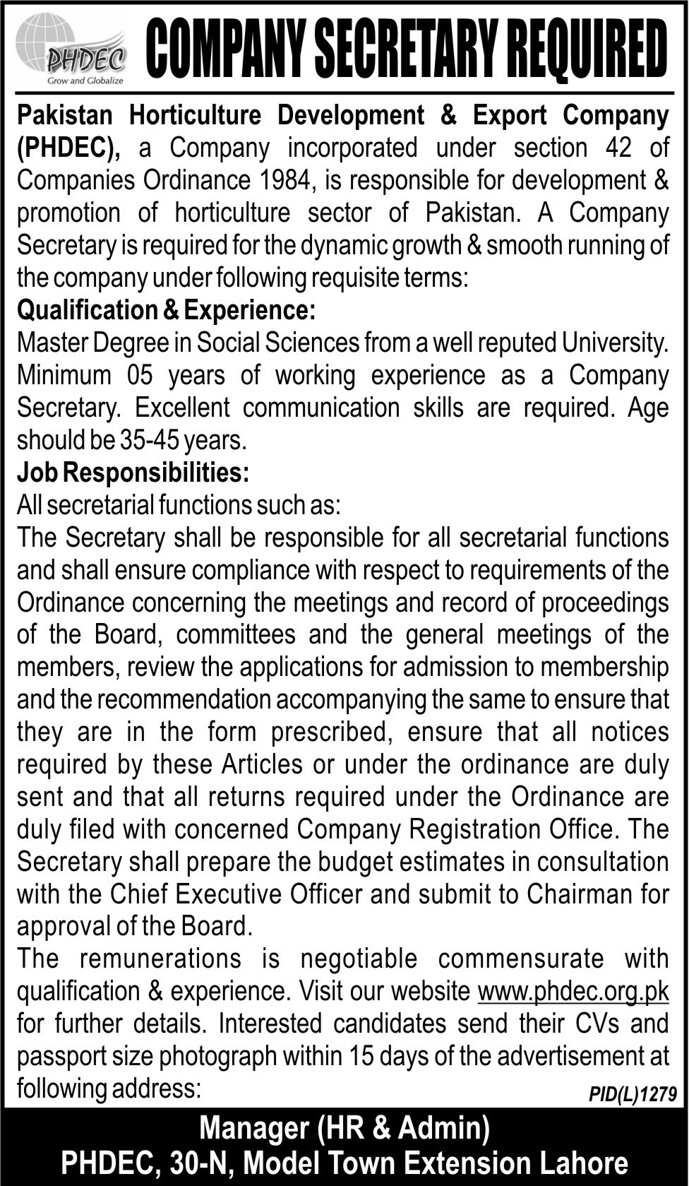 Pakistan Horticulture Development & Export Company (PHDEC) Job 2012 for Company Secretary