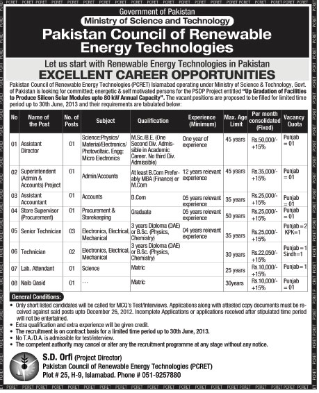 PCRET Jobs 2012 Islamabad (Pakistan Council for Renewable Energy Technologies)