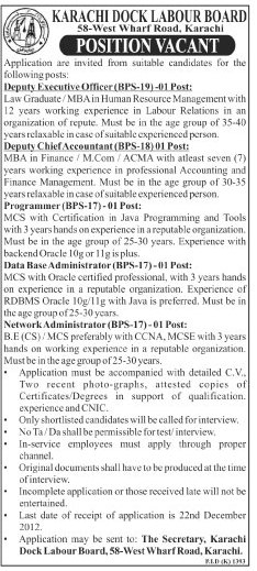 Karachi Dock Labour Board (KDLB) Jobs 2012