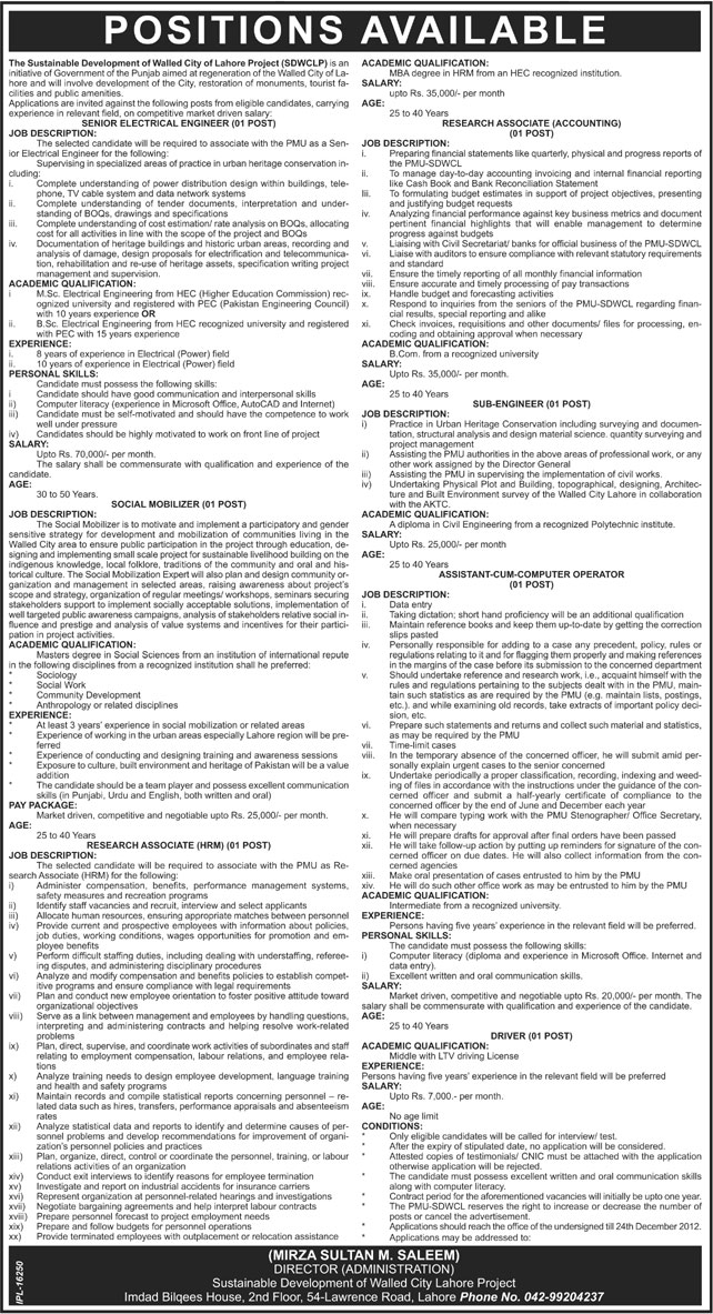 Sustainable Development of Walled City Lahore Project Jobs 2012