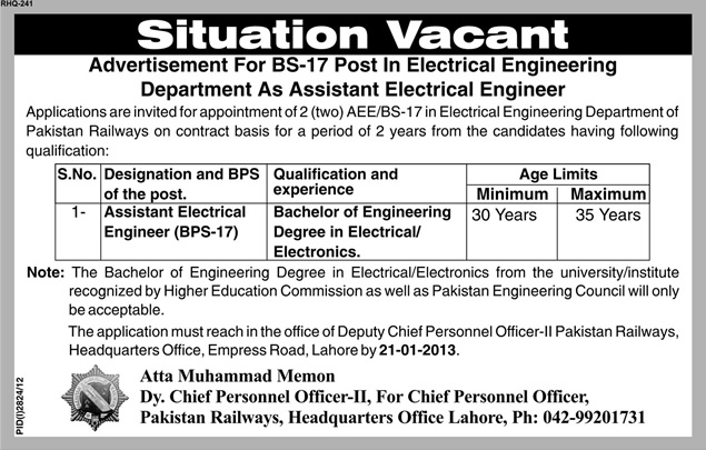 Pakistan Railway Lahore Jobs 2012 Assistant Electrical Engineers