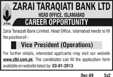 Zarai Taraqiati Bank Limited Requires VP Operations at its Head Office