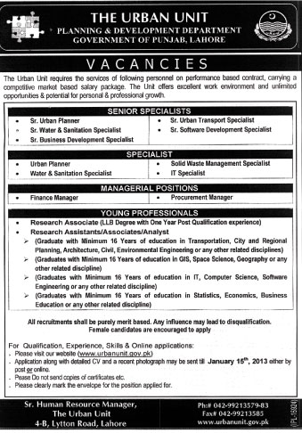 Urban Unit Lahore Jobs 2012-2013 Planning & Development Department Punjab