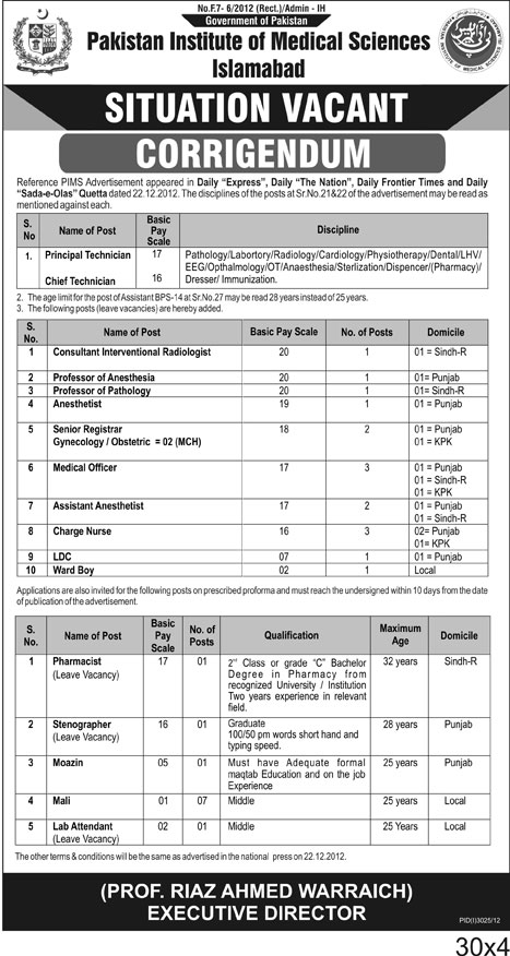 Corrigendum - PIMS Hospital Islamabad Jobs 2013 2012