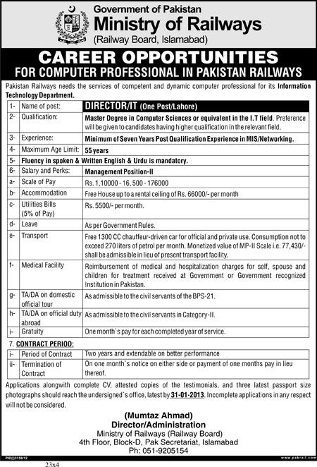 Director IT Vacancy at Pakistan Railway 2013