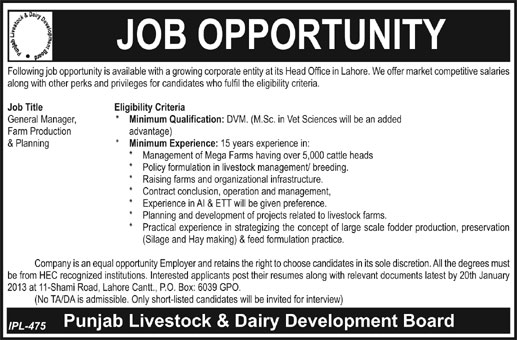 Punjab Livestock & Dairy Development Board Requires General Manager