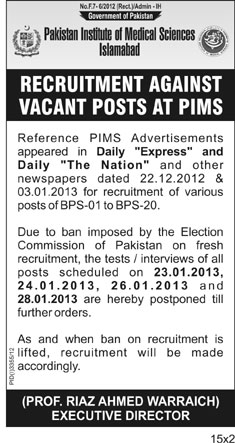 Postponing of Recruitment - PIMS Hospital Islamabad Jobs 2013