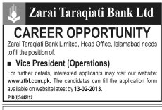 VP Operations Vacancy at ZTBL 2013