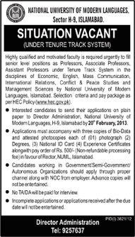 Jobs in NUML University Islamabad 2013 Teaching Faculty under Tenure Track System (TTS)