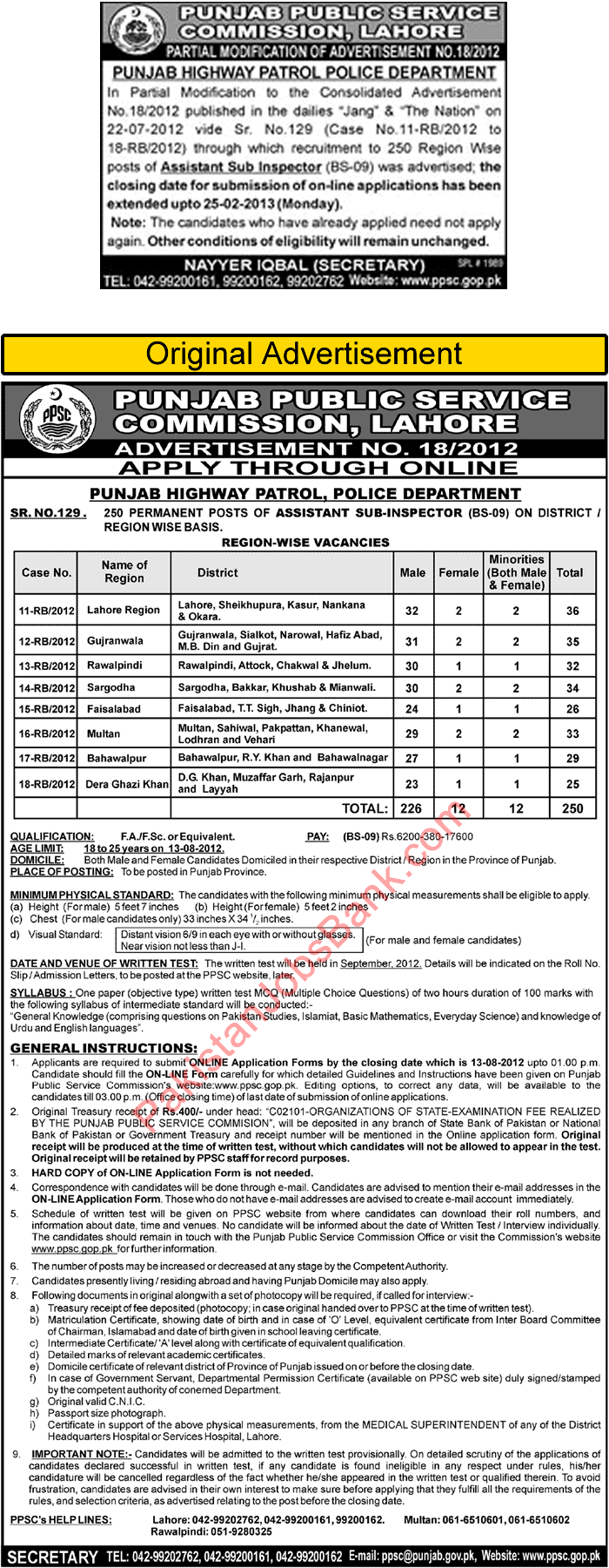 Punjab Highway Patrol Police Jobs 2013 ASI through PPSC (Addendum to Ad No. 18/2012)